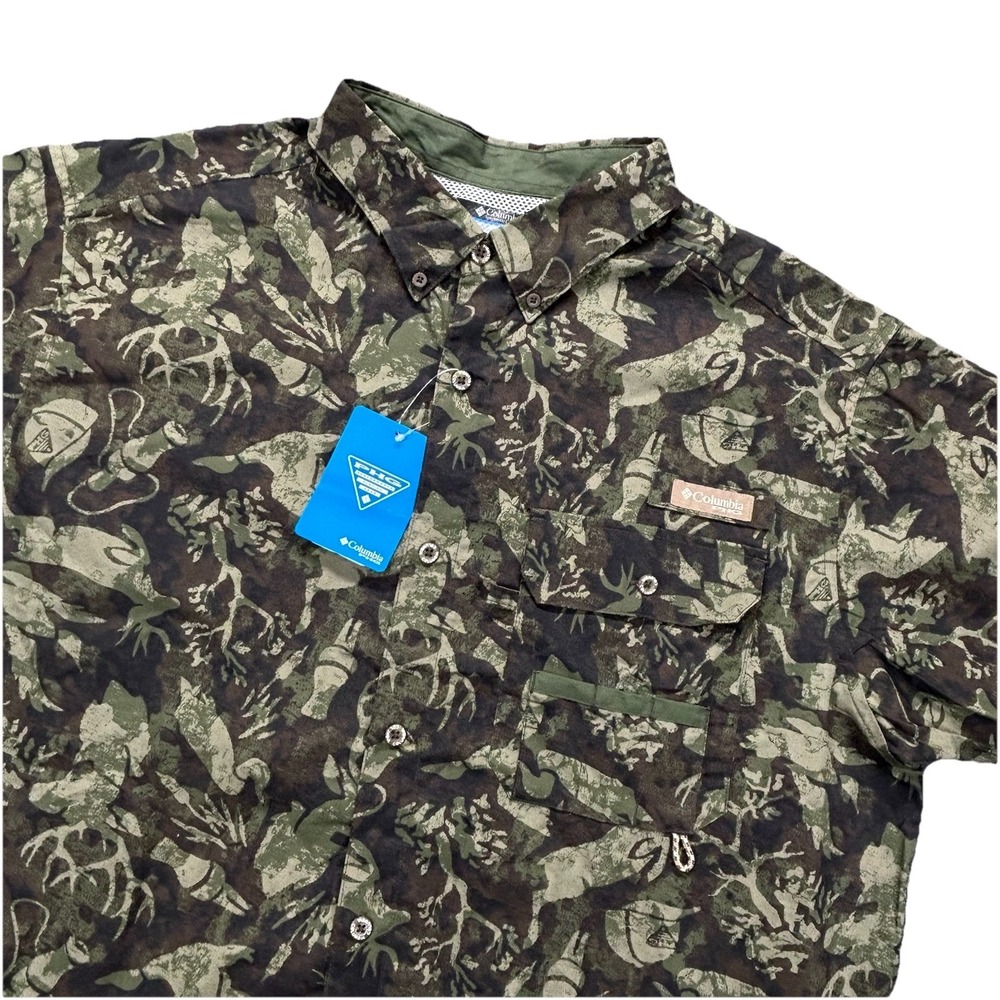 Columbia PFG Shirt Mens XL Green Camo‎ Button Down Short Sleeve Vented Fish NEW